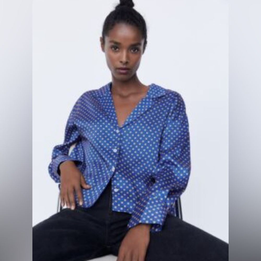 Zara Blue Boxy Satin Button Down Shirt with Notched Collar Size Large